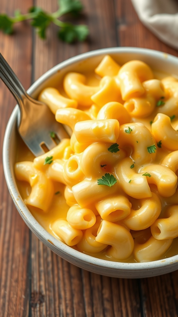 A bowl of macaroni and cheese with creamy cheddar cheese sauce, garnished with parsley, on a rustic table.